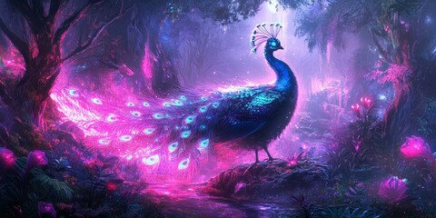 Wall Mural - A peacock stands in a glowing forest.