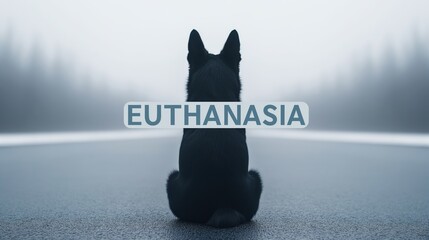 Leinwandbilder - A back view of black dog is sitting on the ground in front of a white background and text 