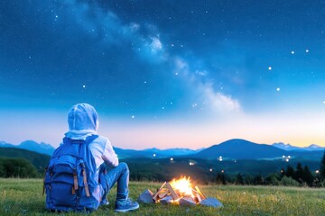 Wall Mural - A serene evening scene of a person gazing at the stars by a campfire in a tranquil landscape with mountains.