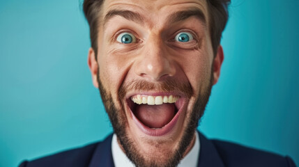 Portrait shocked businessman looking at camera blue background. In shirt and necktie. Young adult facial expression shock, fear, and surprise. Studio indoors. Business emotion gesturing.