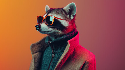 stylish raccoon in fur coat wearing trendy glasses in photo studio