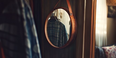 Sticker - Leather-framed mirror reflects plaid shirt on hanger.