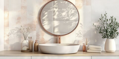 Wall Mural - Modern bathroom with sink, mirror, and plants.