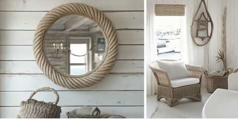 Wall Mural - Coastal-themed room with rope mirror and wicker furniture.