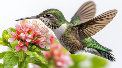 Canvas Print - Ruby hummingbird feeding on a flower, showing its brilliant colors on a white background