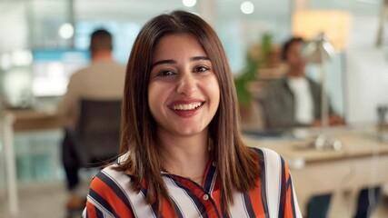 Poster - Face, funny and design with creative woman at desk in workplace for professional web development. Business, comedy and smile with portrait of graphic designer laughing in agency office for research