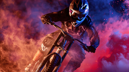 Motocross rider in action on a blue background with smoke. Extreme sport competition with dirt bike jumping, man in helmet riding fast motorcycle