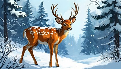 Delightful Christmas deer in a snowy forest capturing the essence of the holiday season and winter wonderland in a whimsical cartoon illustration