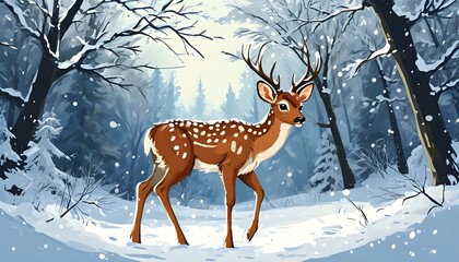 Delightful Christmas deer in a snowy forest capturing the essence of the holiday season and winter wonderland in a whimsical cartoon illustration