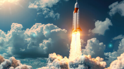 Space rocket taking off sky. Elements furnished. Spacecraft launch exploration mission. Futuristic spaceship flying outer. Science technology vehicle. Travel concepts. Journey galaxy.