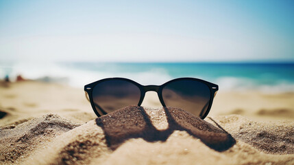 Poster - Black sunglasses with palm reflections on a sandy beach, the bright midday sunlight