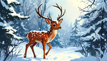 Delightful Christmas deer in a snowy forest capturing the essence of the holiday season and winter wonderland in a whimsical cartoon illustration