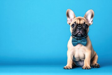 This delightful French Bulldog sits proudly, sporting a vibrant bow tie, showcasing a personality full of charm against a striking blue background