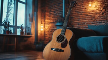 Canvas Print - classic acoustic guitar leaning against a brick wall in a cozy living room, adorned with cool blue tones