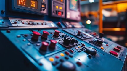 Sticker - close-up of a control panel, with buttons, switches, and digital displays monitoring the operation