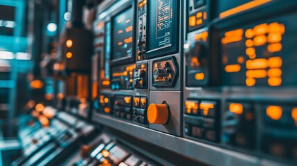 close-up of a control panel, with buttons, switches, and digital displays monitoring the operation