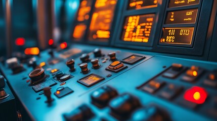 Wall Mural - close-up of a control panel, with buttons, switches, and digital displays monitoring the operation