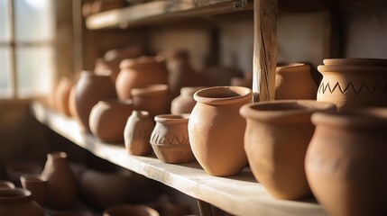 Wall Mural - Earth-toned clay pottery displayed on a shelf in an artisan workshop