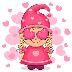 Cute cartoon gnome girl and two lollipops. Vector illustration of a girl on a white background with pink hearts.