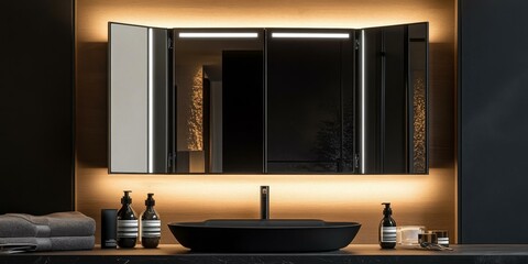 Poster - Modern bathroom with black sink and mirror.