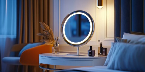 Wall Mural - A vanity table with a mirror, a bed, and a