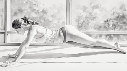 Poster - A drawing of a woman doing yoga in front of the window, AI