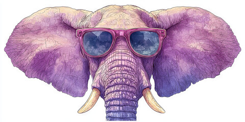 Canvas Print - A close-up of an elephant wearing pink sunglasses. The elephant's face is painted in shades of purple and pink.