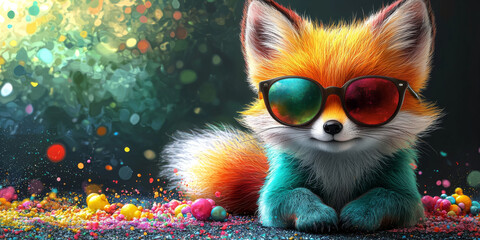 Wall Mural - A colorful fox wearing sunglasses smiles for the camera.