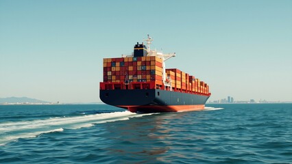 Massive Cargo Ship Transiting Ocean, A large cargo ship with a red and black hull sails across the open ocean, leaving a wake behind it. The vessel is laden with numerous stacked shipping containers.