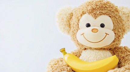 Wall Mural - Close-up Shot of Plush Toy Monkey Holding Banana - Adorable Stuffed Animal Children's Toy