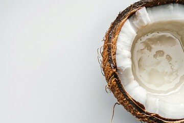 A stunning close-up image of a half-opened coconut shell against a pristine white background