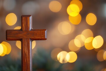 Wooden cross on a blurred background with lights and bokeh, an Easter concept Generative AI