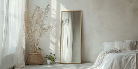 Canvas Print - White bedding, golden mirror, and dried plants.