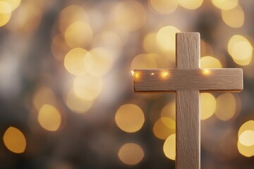 Poster - A wooden cross on a blurred background with bokeh lights, providing a concept for Christian holiday celebrations like Easter or Christmas time Generative AI