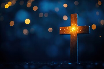 Wooden cross with blurred lights on background, copy space concept for Christianity and illuminating the world Generative AI