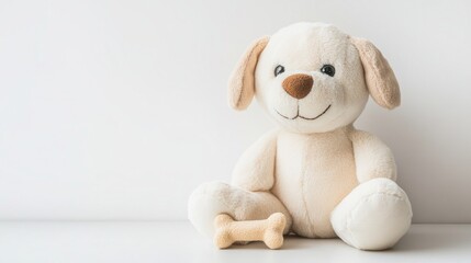 Wall Mural - Close-up Shot of Plush Toy Dog with Bone Set - Adorable Stuffed Animal for Kids