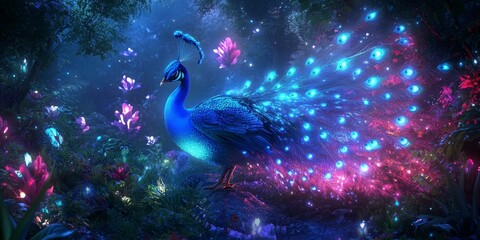 Canvas Print - A peacock with glowing feathers in a magical forest.