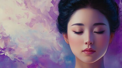 Wall Mural - A Close-Up Portrait of a Woman with Eyes Closed Against a Purple and Blue Background