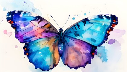 Vibrant watercolor butterflies in shades of blue and purple against a crisp white backdrop showcasing natures beauty and intricate patterns in art