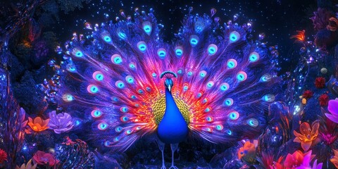 Poster - Peacock displaying vibrant feathers in a dark, floral setting.