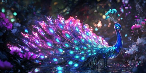 Canvas Print - A glowing peacock stands amidst purple flowers.