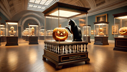 The image would show a cozy museum room with dim, ambient lighting, where a carefully carved Halloween pumpkin is prominently displayed in a glass case. A black cat tries to touch it.