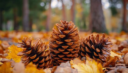 Sticker - Three Pine Cones Resting in a Bed of Fall Leaves