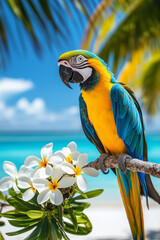 Wall Mural - A large beautiful yellow, red and blue ara macao parrot sits on a tree branch with frangipani flowers on a background of palm trees, sandy beach and blue ocean