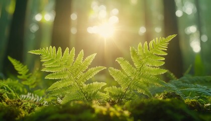 Wall Mural - Sunbeams Shining Through Fern Fronds in a Forest