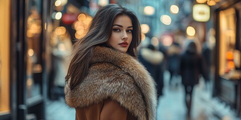 woman in fur coat walks past city lights.