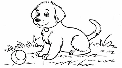 A cheerful cartoon puppy sits in grass, looking excited as it plays with a ball nearby. The scene captures the essence of joyful playtime in a lovely, animated style