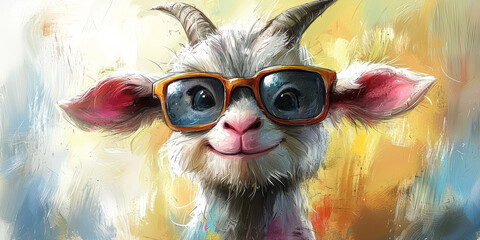 Canvas Print - A cute goat with big, brown sunglasses and a bright smile stares at the camera.