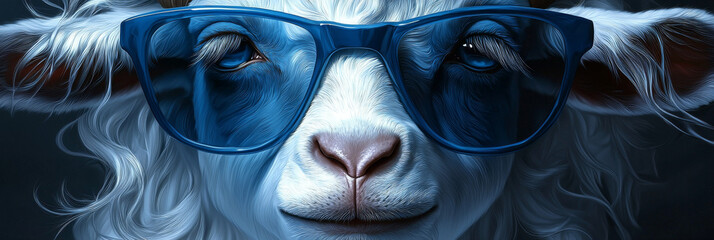 Poster - A white goat with a cool and casual attitude, sporting a pair of blue sunglasses.