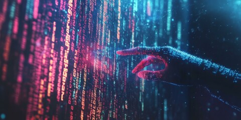 A digital hand interacting with data.